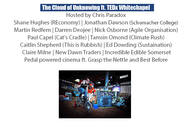 The Cloud of Unknowing ft. TEDx Whitechapel | Hosted by Chris Paradox http://www.cloudcuckooland.org/fernhill-farm/cloud-of-unknowing/  Shane Hughes (REconomy) | Tim 'Mac Macartney (Embercombe) Martin Redfern | Darren Deojee | Nick Osborne (Agile Organisation) Paul Capel (Cat's Cradle) | Tamsin Omond (Climate Rush) Caitlin Shepherd (This is Rubbish) | Ed Dowding (Sustaination) Claire Milne | New Dawn Traders | Incredible Edible Somerset Pedal powered cinema ft. Grasp the Nettle and Best Before  